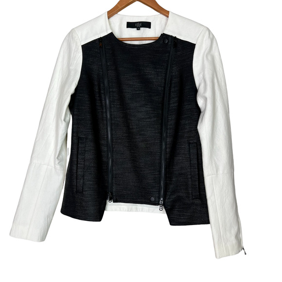 Tibi  Colorblock Moto Jacket Zip Up Long Sleeve Pockets Black/White - Picture 4 of 12